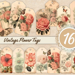 May include: Set of 16 vintage flower tags with a variety of floral designs, including roses, poppies, and butterflies. The tags are printed on a cream-colored paper with a distressed look.