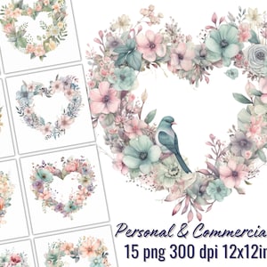 Pacote de guirlandas em formato de coração em aquarela, 15 PNG, fundo transparente, inaugurações, criação de cartões, download digital instantâneo, scrapbooking