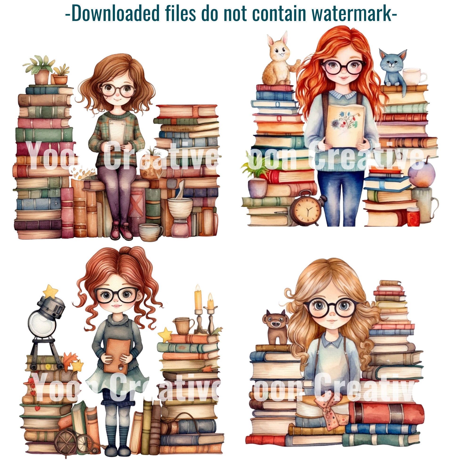 Watercolor Studious Teenagers Clipart Set, 10 PNG HQ, Transparent