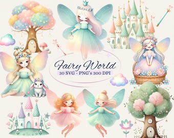 May include: Watercolor illustrations of fairies, castles, and trees in pastel colors. The image includes fairies with wings, a fairy house, and the text "Fairy World". The image is a digital design.