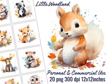 Conjunto de imágenes prediseñadas de animales bebés de acuarela de bosque pequeño - 20 PNG - Fondo transparente - Descarga digital instantánea - Uso comercial