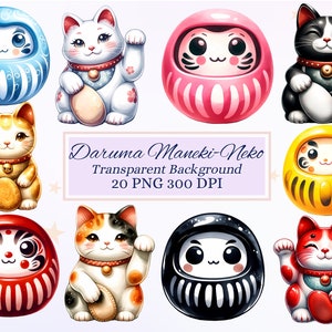 Ensemble de cliparts Daruma et Maneki-Neko pour projets créatifs, images traditionnelles japonaises, fabrication de cartes, scrapbooking, sublimation, éphémères, PNG