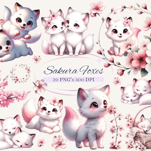 Clipart di volpi bianche per progetti creativi, simpatiche grafiche di animali, fiori di ciliegio di ispirazione giapponese, creazione di biglietti, scrapbooking, sublimazione