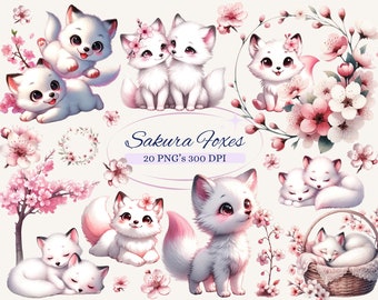 May include: A set of 20 digital illustrations featuring cute white foxes with pink cherry blossoms. The illustrations are in PNG format and are 300 DPI. The text "Sakura Foxes" and "20 PNG's 300 DPI" is included in the image.