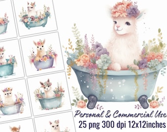 Alpaca Bath Time Clipart Set - 25 PNG - Adorable Baby Shower Graphics - Nursery Decor Wall Art - Instant Digital Download - Commercial Use