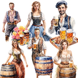 May include: A watercolor illustration of a group of people enjoying beer. There are two women wearing traditional German dirndls, a man wearing a blue shirt and suspenders, a man wearing a blue vest and a cap, and a man wearing a brown vest. There are several mugs of beer, a wooden barrel, and a tray of pretzels.