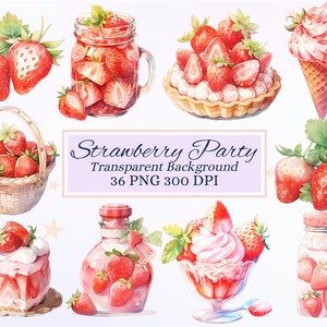 Lot de cliparts fête aux fraises pour projet créatif, graphiques de fruits, menu de desserts, fabrication de cartes, scrapbooking, sublimation, éphémères, PNG