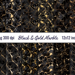 May include: Twelve digital paper designs featuring black marble with gold veining. The papers are 12x12 inches and 300 dpi.