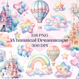 May include: A set of 118 whimsical watercolor illustrations featuring castles, hot air balloons, rainbows, stars, and clouds. The illustrations are perfect for adding a touch of magic to any project.