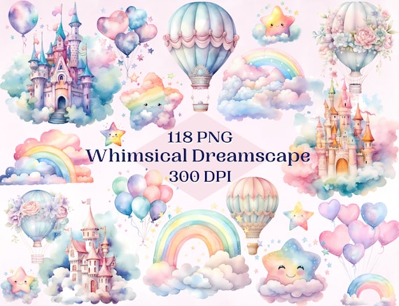 Whimsical Dreamscape Clipart Set for Creative Project, Fantasy Nursery Wall Art, Digital Ephemera Sublimation Scrapbooking Decoupage Collage
