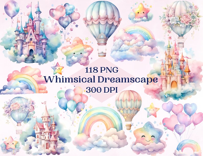 May include: A set of 118 whimsical watercolor illustrations featuring castles, hot air balloons, rainbows, stars, and clouds. The illustrations are perfect for adding a touch of magic to any project.