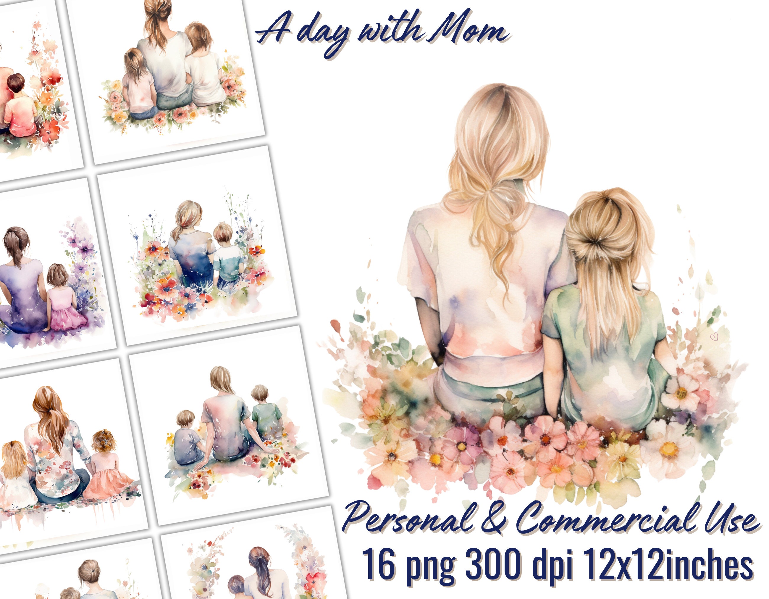 Watercolor Mother's Day Clipart - A Day With Mom - 16 PNG - Transparent ...