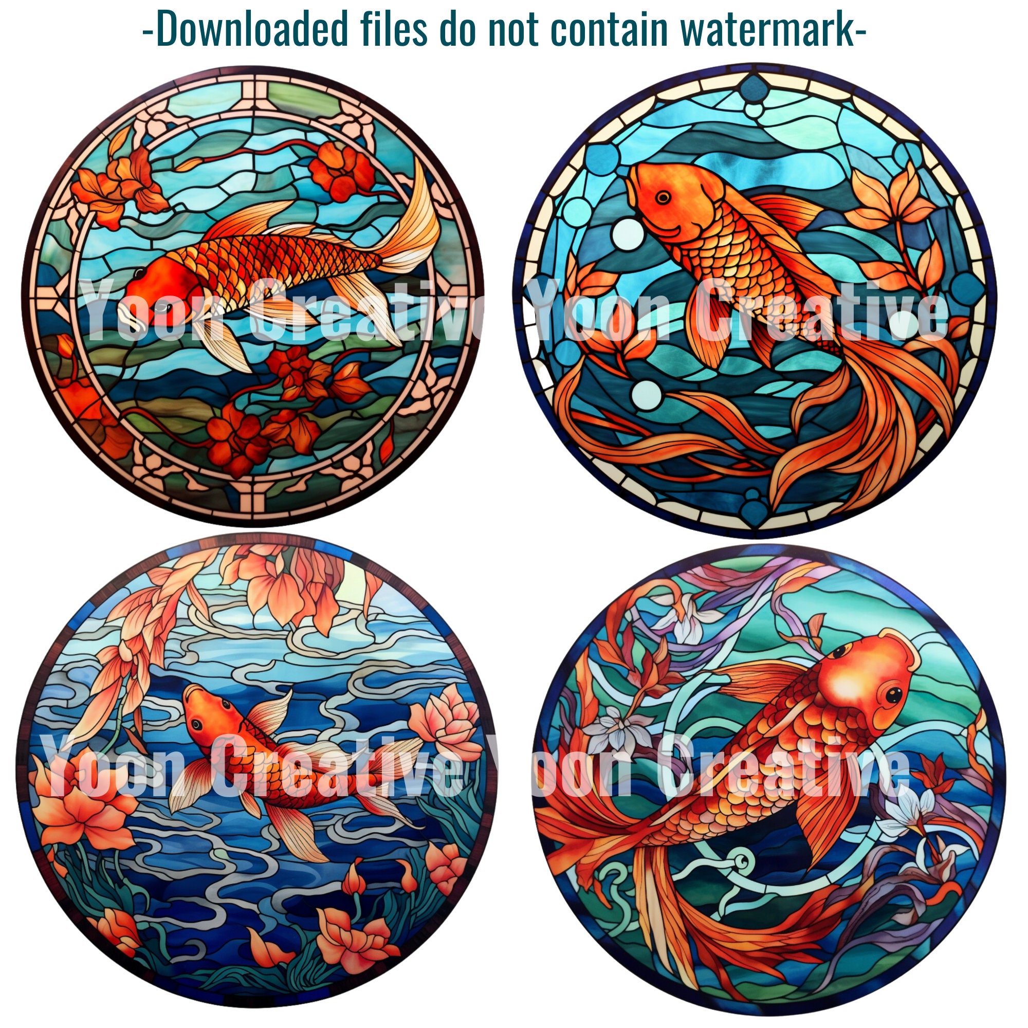 Stained Glass Koi Fish Clipart Set for Creative Project, 11 PNG