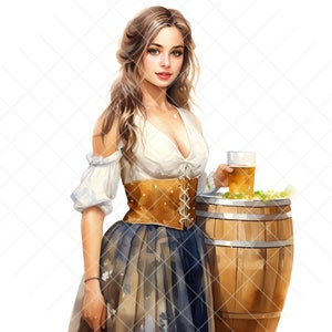 May include: A woman in a white and brown outfit stands next to a wooden barrel. She is holding a glass of beer.
