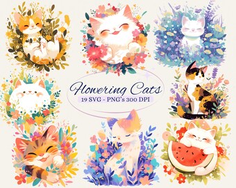 May include: A set of 19 digital illustrations featuring cute cats surrounded by colorful flowers. The illustrations are in SVG and PNG format and are 300 DPI. The cats are in various poses, some are sitting, some are lying down, and some are holding watermelons. The flowers are in a variety of colors, including pink, purple, yellow, and blue.