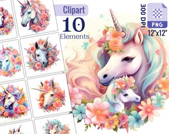 Floral Unicorn Portrait for Creative Project, Transparent Background, Collage, Card Making, Scrapbooking, Sublimation, Ephemera, Paper Craft