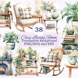 Set di clipart per un soggiorno accogliente, ideale per progetti creativi, grafica per mobili in stile cottagecore, collage, creazione di biglietti, scrapbooking, effimeri