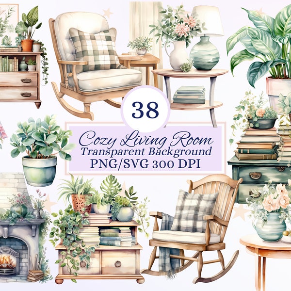 Cozy Living Room Clipart Set for Creative Projects, Cottagecore Furniture Graphics, Collage Designs, Card Making, Scrapbooking, Ephemera