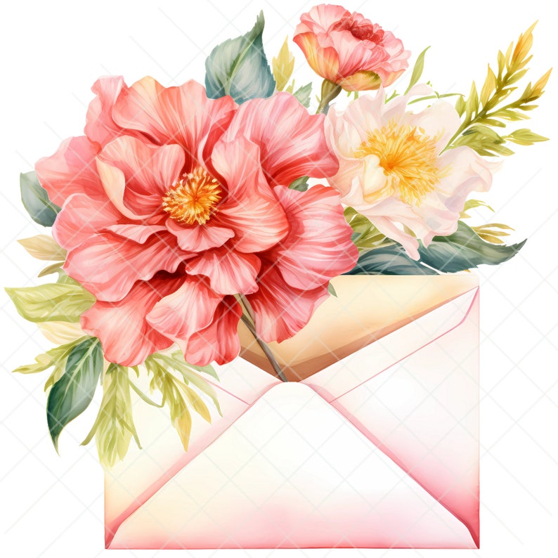 May include: A pink envelope with a watercolour illustration of pink and white flowers. The flowers are arranged around the envelope, with some of the petals spilling over the edge.