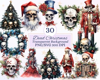 Dead Christmas Clipart Set for Creative Projects, Xmas Winter Design, Gothic Inspired Graphics, Skulls, Watercolor Illustration, PNG SVG