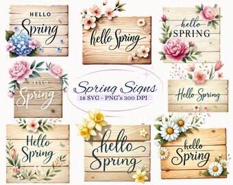 May include: A set of 18 digital spring signs featuring wooden signs with floral accents and the text "Hello Spring" in various styles. The signs are perfect for creating spring-themed crafts, invitations, and decorations.