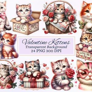 Imágenes prediseñadas de gatitos de San Valentín para proyectos creativos, gráficos románticos y tiernos para San Valentín, creación de tarjetas, scrapbooking, sublimación, efímeras, PNG