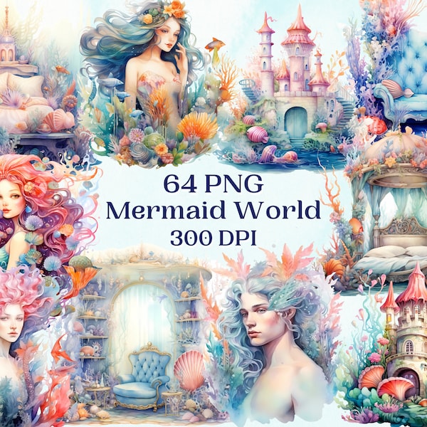 Whimsical Mermaid World Clipart Set for Creative Project, Fantasy Wall Art, Digital Ephemera Sublimation Scrapbooking Decoupage Collage