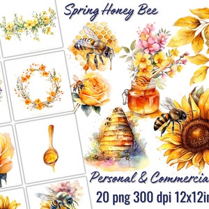 May include: A set of 20 watercolour illustrations featuring honey bees, honeycombs, sunflowers, roses, and other spring flowers. The illustrations are perfect for creating digital or printed designs.
