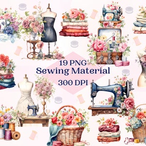 Puede incluir: Una colección de 19 ilustraciones de acuarela de artículos de costura, que incluyen máquinas de coser, carretes de hilo, tela y flores. Las ilustraciones son de estilo vintage y son perfectas para proyectos de manualidades.