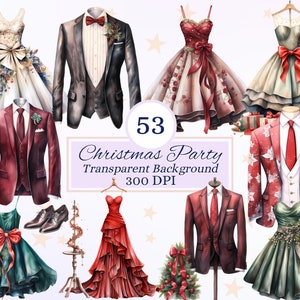 May include: 53 Christmas Party Transparent Background 300 DPI. Watercolor illustrations of a red, green, and white Christmas party outfits. The illustrations include dresses, suits, and accessories.