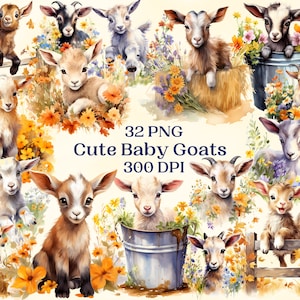 Cute Baby Goats for Creative Projects, Country Farm Animal Printable Designs, Digital Ephemera, Card Making, Scrapbooking, Sublimation