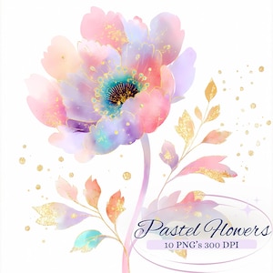 Pastell Blumen Cliparts für kreative Projekte, wunderliche Blumenillustrationen mit goldenen Akzenten, Kartenherstellung, Scrapbooking, Ephemera, PNG