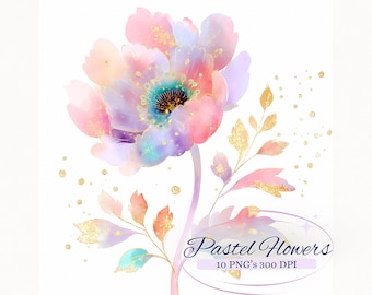May include: Watercolor illustration of a large pastel flower with pink, purple, and blue petals. Gold glitter accents the flower and leaves. The text "Pastel Flowers" is below the flower.