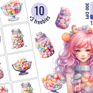 May include: A digital illustration of a girl with pink hair wearing a headband with colorful candy. She is holding a glass jar filled with colorful candy. The image includes the text "300 DPI PNG 12"x12"".