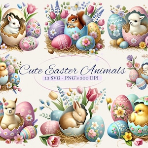Cliparts animaux de Pâques mignons pour projet créatif, graphiques floraux printaniers, motifs cotagecore de Pâques, fabrication de cartes, scrapbooking, sublimation