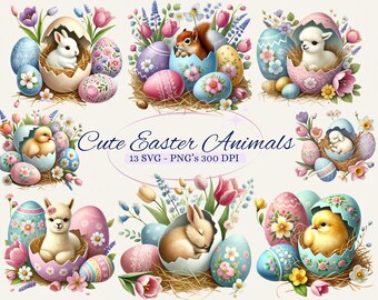 May include: Cute Easter animals in pastel colored eggs with floral accents.  The animals include a chick, bunny, lamb, llama, and squirrel.  The text "Cute Easter Animals 13 SVG - PNG's 300 DPI" is at the bottom of the image.