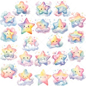 May include: A set of 25 watercolor illustrations of cute rainbow stars with clouds. Each star has a different expression and is surrounded by a cloud with a rainbow.