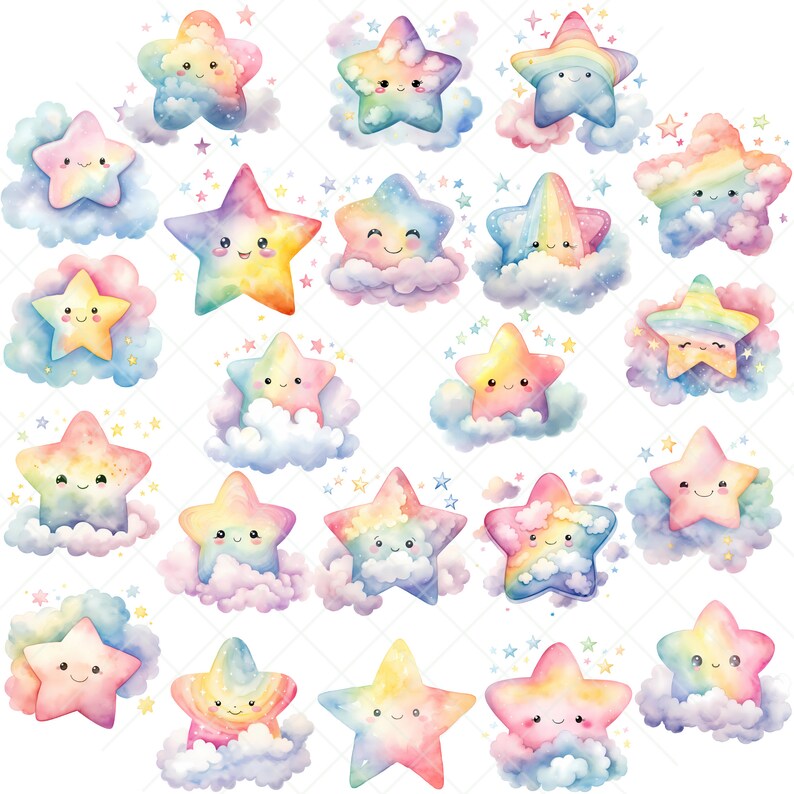 May include: A set of 25 watercolor illustrations of cute rainbow stars with clouds. Each star has a different expression and is surrounded by a cloud with a rainbow.