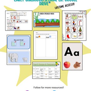 Puede incluir: Colección de recursos educativos para la primera infancia y educación especial. Incluye ayudas visuales como una tabla de comunicación, una letra del alfabeto y una comparación "Grande y Pequeño". También aparece el texto "5 Green Speckled Frogs".