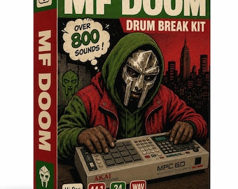 May include: A box for an MF DOOM Drum Break Kit. The box features an illustration of MF DOOM wearing a mask and a green hoodie, with the text "OVER 800 SOUNDS!". The box also displays the Akai MPC 60 MIDI Production Center.