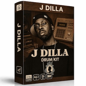 May include: A product box featuring a portrait of J Dilla, with the text "J Dilla Drum Kit." The box is brown with white text. The bottom of the box has the text "Hi-Res Audio 44.1 & 24 Bit WAV."