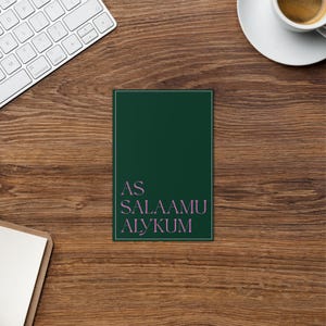 Cartão de felicitações As Salaam Alykum | A paz esteja com você, muçulmano, cartão de felicitações islâmico com envelope | Verde e rosa | Cartão minimalista | Olá Islã