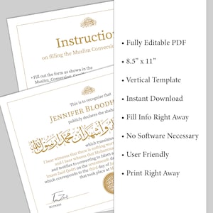 May include: A printable Muslim conversion certificate template in a vertical format. The certificate features a gold design with Arabic calligraphy and the text "This is to recognize that Jennifer Bloodh publicly declares the shahada". The certificate is 8.5 inches by 11 inches.