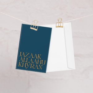 JazaakAllaahu Khyran Carte De Vœux | Carte de voeux islamique minimaliste avec voeux pour musulmans en bleu marine et orange | Salutation arabe