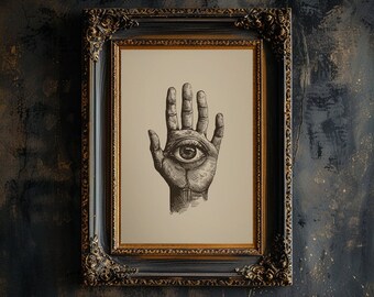 Eye in Palm Wall Art, Evil Eye Hand Print, Printable Third Eye Palmistry Hand Poster, Vintage Witch Hand Drawing, Eyeball in Palm Artwork
