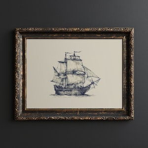 Arte de pared de barco vintage, boceto de barco galeón imprimible, diseño de barco de vela antiguo, decoración náutica del hogar, arte marino, dibujo de barco de guerra, cartel del océano