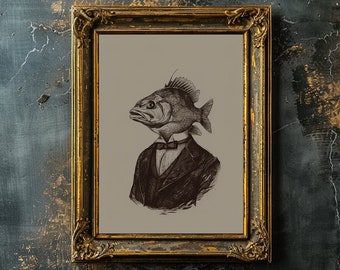Fish Wearing a Suit Wall Art, Printable Fish Man Portrait, Vintage Fish Poster, Dark Academia Fish Artwork, Fishing Gift, Beach Home Decor
