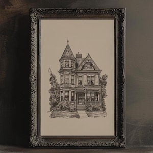 Victorian Mansion Wall Art Halloween Printable Vintage Victorian Home Illustration Print of a Gothic Cottage Drawing for Eclectic Wall Decor