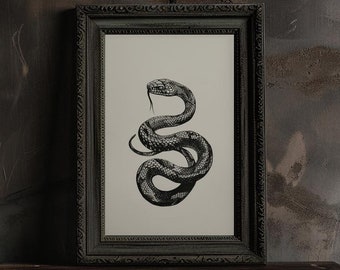 Arte de parede de cobra vintage, cobra neutra para impressão, ilustração de cobra de halloween, pôster impresso para esboço de cobra temperamental escuro para decoração de parede gótica