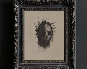 May include: A black framed print featuring a detailed drawing of a skull-like face with branches and vines growing from it. The background is a light beige colour.